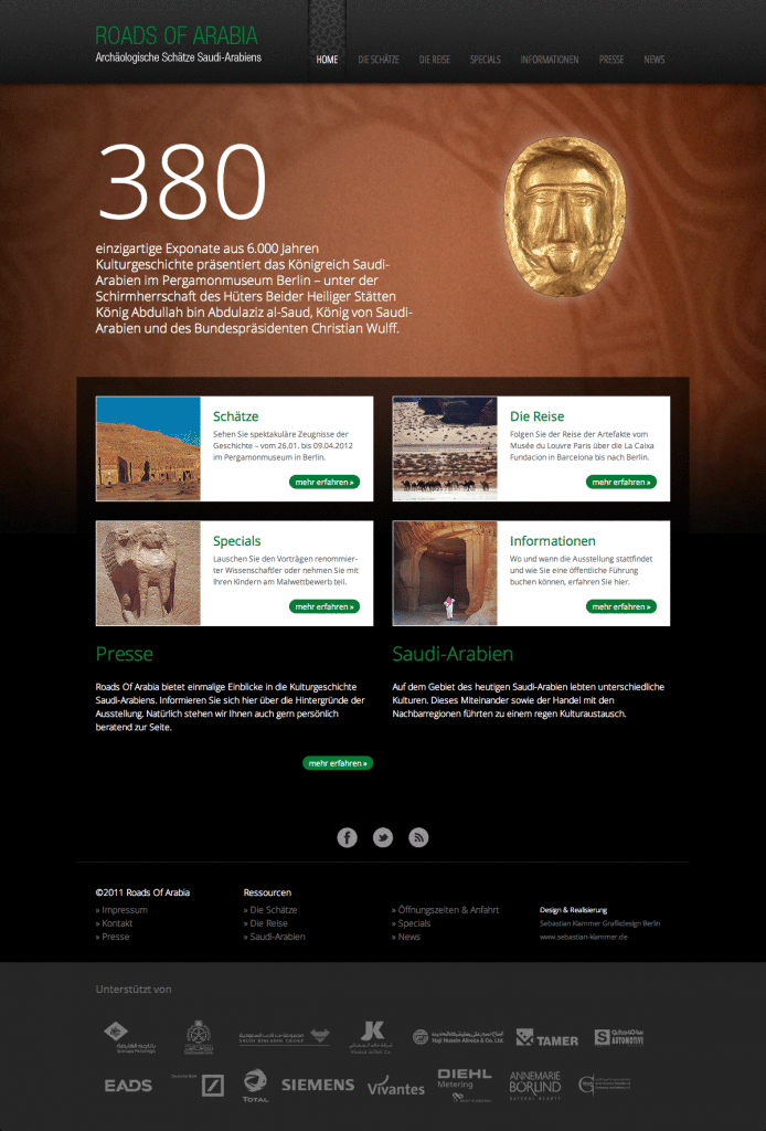 Die Website zur Ausstellung Roads of Arabia 2012 im Pergamonmuseum